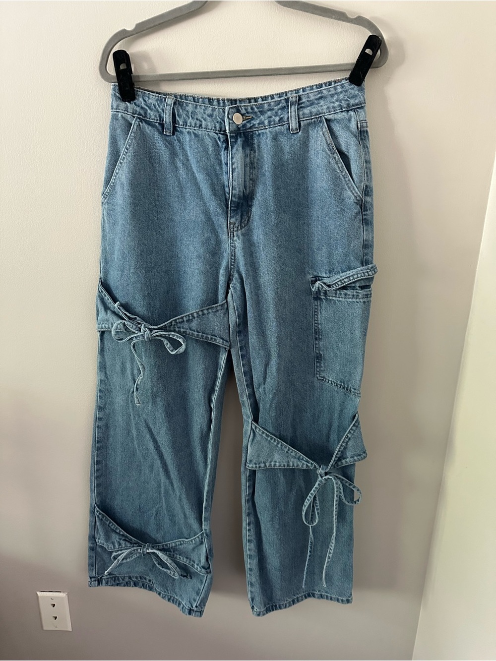 Cider Light Blue Wide-Leg Tie Detail Jeans